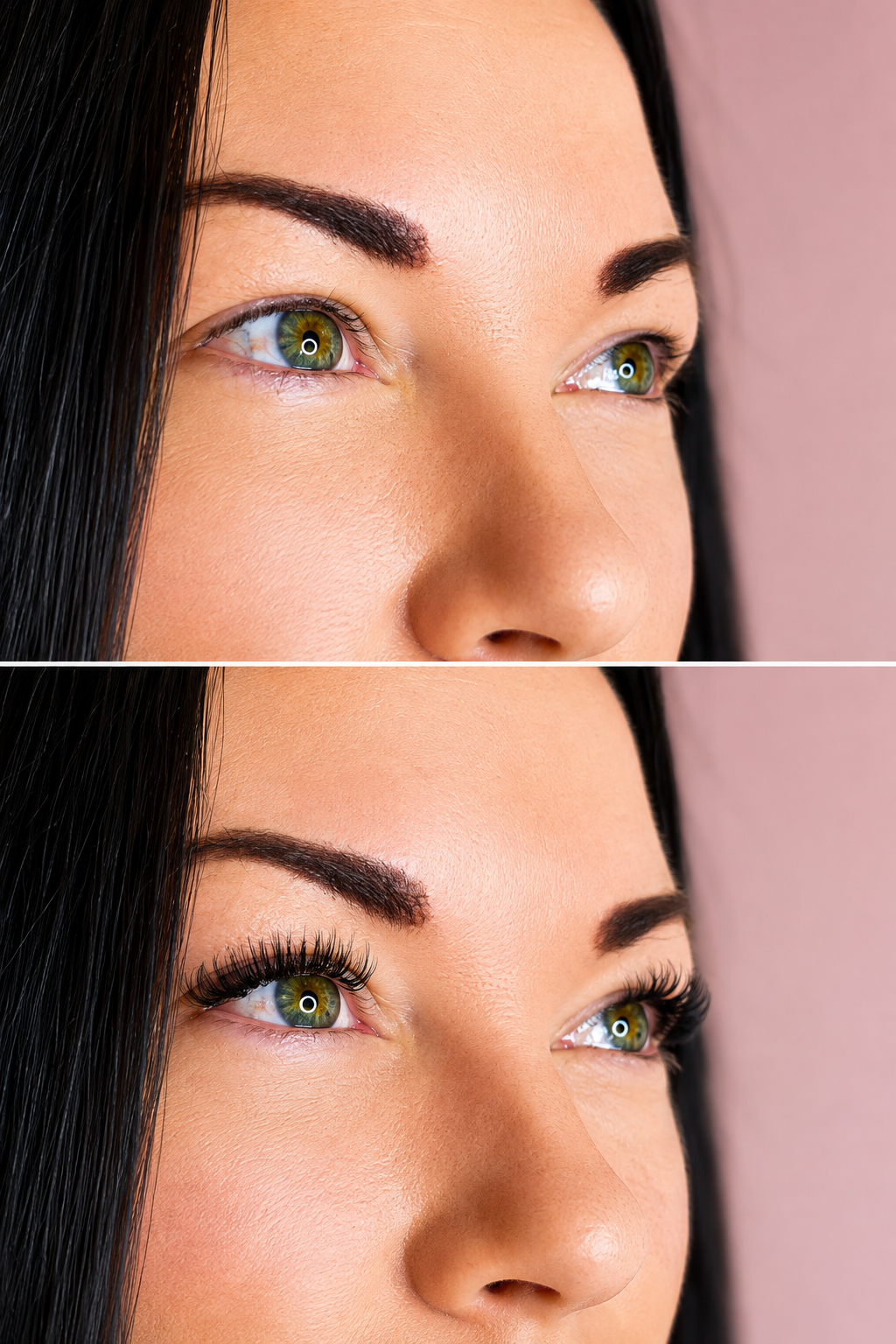 Before and after lash extension transformation on a Bound by Beauty client