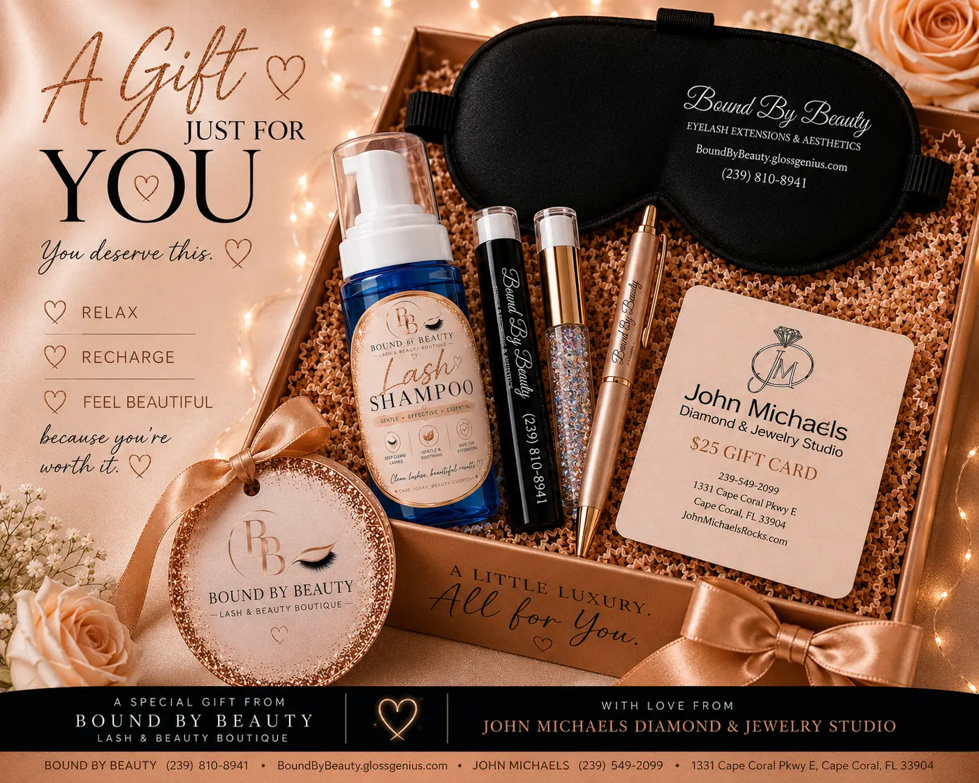 Bound by Beauty Welcome Gift including a sleep mask, lash shampoo, luxury pens and a John Michaels $25 gift card