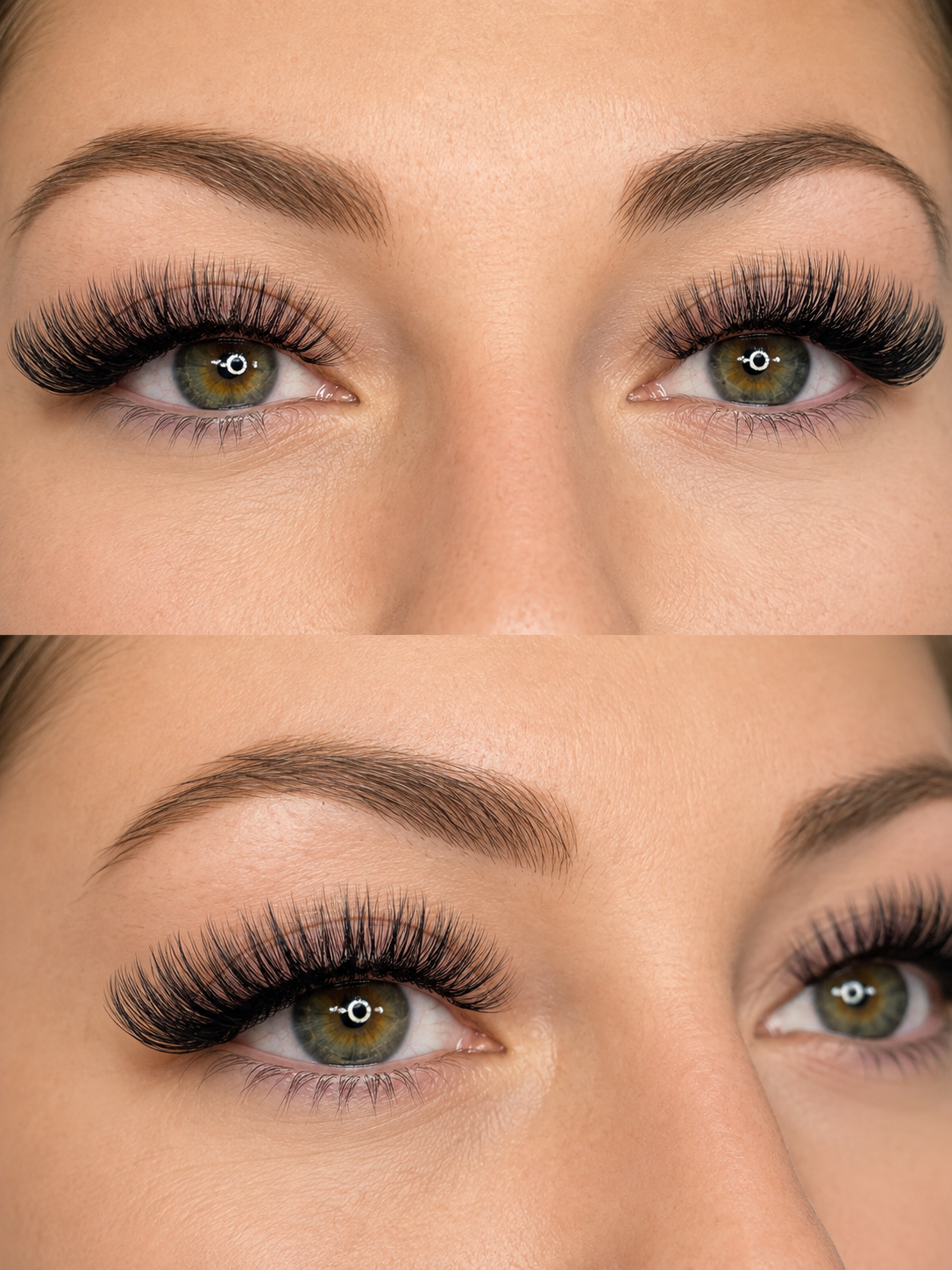 Before and after volume lash extensions showing added length and fullness