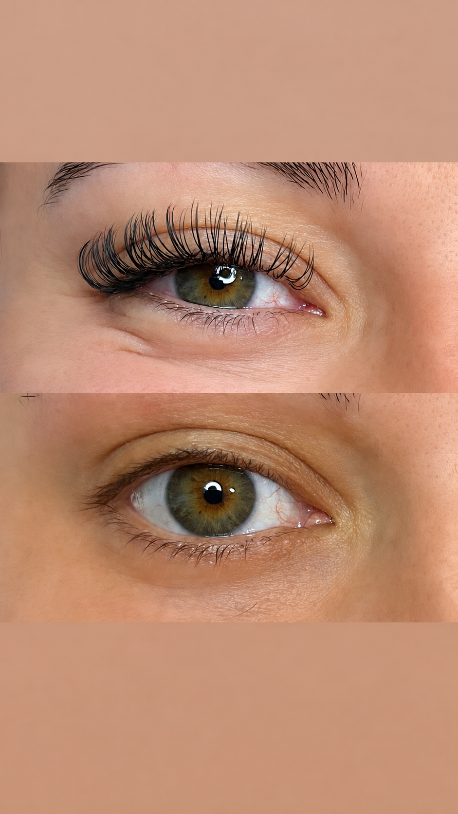 Before and after lash extensions showing added length and fullness